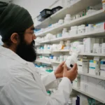 Apoteker berdiri di depan rak obat di apotek, menggambarkan tugas tenaga kefarmasian anggota PAFI dalam pelayanan farmasi